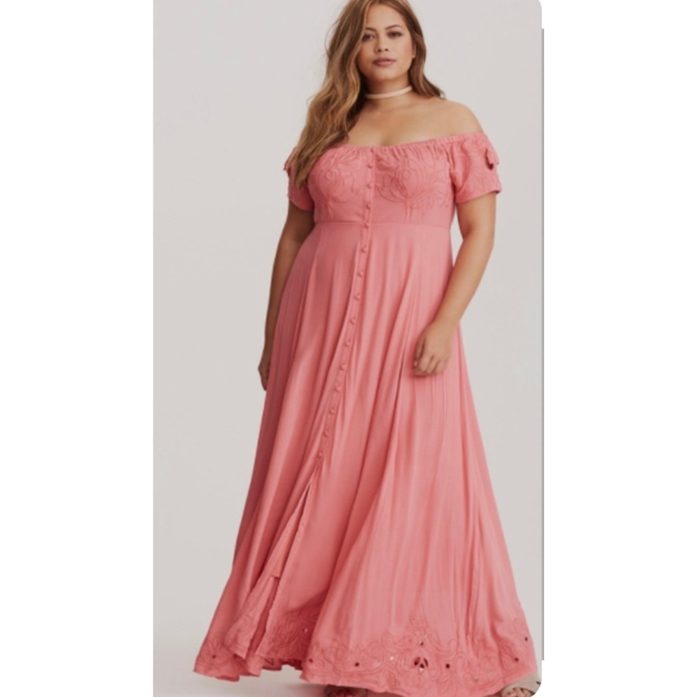Torrid Rose Pink Embroidered Button Front Off Shoulder Maxi Dress‎ Plus Size 00